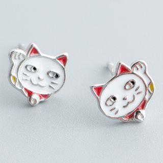 925 Sterling Silver Cat Stud Earring 1 Pair - S925 Silver - White & Red - One Size