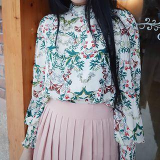 Floral Print Mock Neck Chiffon Blouse