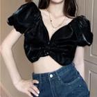 Puff-sleeve V-neck Plain Bow Accent Crop Top