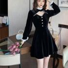 Long-sleeve Lace Trim Faux Pearl Mini A-line Dress