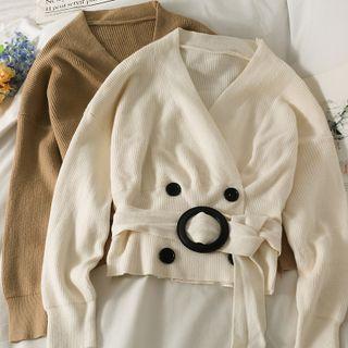 Double-breasted Crop Knit Top With Belt