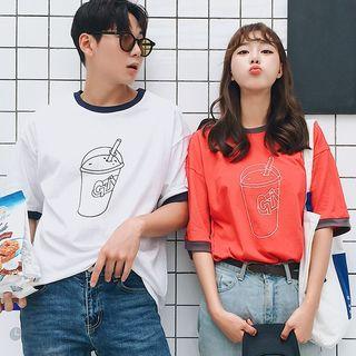 Couple Matching Elbow-sleeve Contrast-trim Print T-shirt