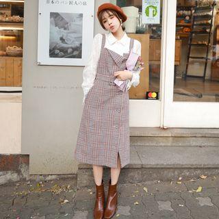 Set: Lace Panel Blouse + Plaid Midi Pinafore Dress