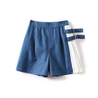 Pleated Panel Denim Shorts