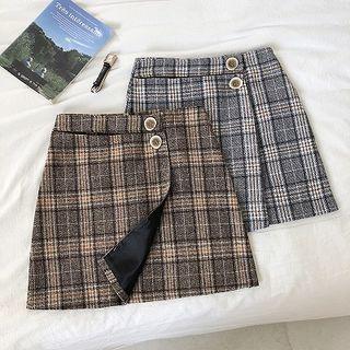 Color-block Plaid Asymmetric High-waist A-line Skirt