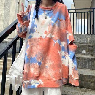 Long-sleeve Letter Embroidered Tie Dye Cutout T-shirt Tangerine - One Size
