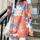 Long-sleeve Letter Embroidered Tie Dye Cutout T-shirt Tangerine - One Size