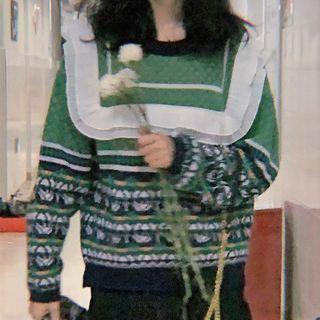 Ruffle Jacquard Sweater Green - One Size