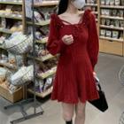 Square-neck Ruffled Knit Mini A-line Dress Red - One Size