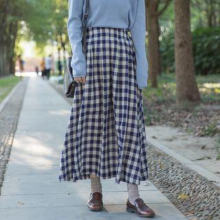 Plaid A-line Midi Skirt Gingham - Dark Blue - One Size