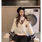 V-neck Bear Print Knit Sweater + Long-sleeve Shirt + Pleated Mini Skirt