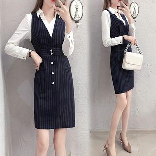 Pinstriped Mock Two Piece Long-sleeve Dress