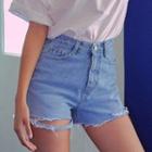 Rip-hem Washed Denim Shorts