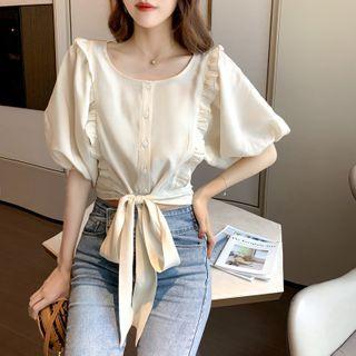 Balloon-sleeve Ruffled Bow Blouse