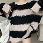 Striped Color Block Knit Ripped Sweater Black & Almond - One Size