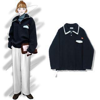 Faux Shearling Collared Pullover Navy Blue - One Size