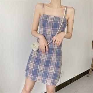 Spaghetti Strap Plaid Mini Sheath Dress Plaid - Blue - One Size
