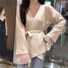 Dotted Long-sleeve Mesh Top / Tie-waist Open Front Jacket