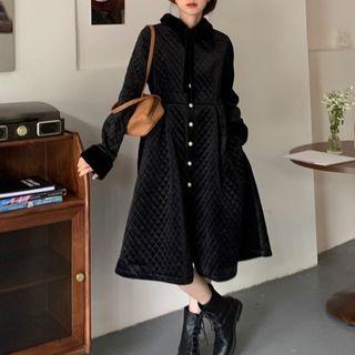 Quilted Long-sleeve Midi A-line Dress