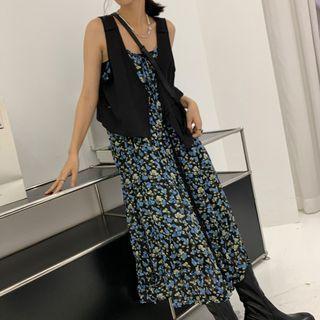 Spaghetti Strap Floral Midi Dress Blue Floral - Black - One Size