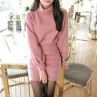 Turtle-neck Tube-hem Napped Dress