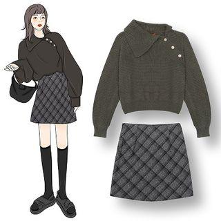 Asymmetric Polo-neck Sweater / Plaid Mini A-line Skirt