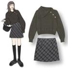 Asymmetric Polo-neck Sweater / Plaid Mini A-line Skirt