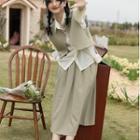 Set: Plain Shirt + Single-button Vest + Midi A-line Skirt