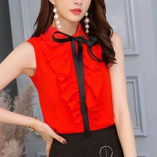 Sleeveless Ruffle-trim Tie-front Blouse