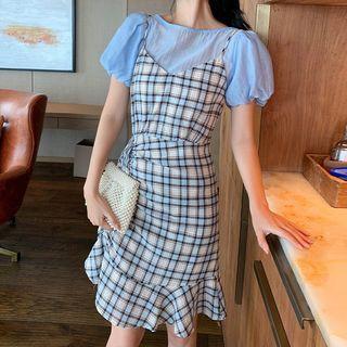 Set: Puff-sleeve Blouse + Plaid Pinafore Dress