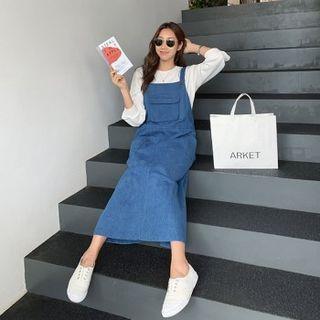 Pocket-front Denim Overall Dress Blue - One Size