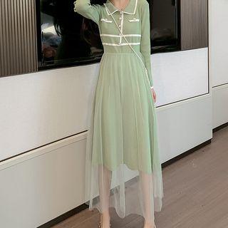 Collared Contrast Trim Long-sleeve Midi A-line Dress