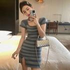 Square-neck Short-sleeve Striped Side-slit Knit Dress