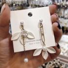 Non-matching Faux Pearl Leaf Dangle Earring 1 Pair - Silver Steel - As Shown In Figure - One Size