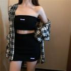 Plaid Shirt / Strapless Top / Pencil Skirt / Set