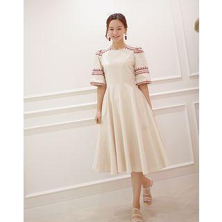 Puff-sleeve Embroidered Midi A-line Dress