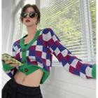 Check Color-block Cropped Cardigan Green - One Size