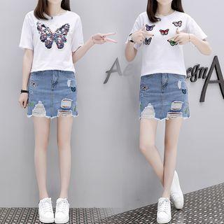 Set: Sequined Short-sleeve T-shirt + Distressed Denim Skirt