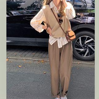 Striped Shirt / Sweater Vest / Wide Leg Pants