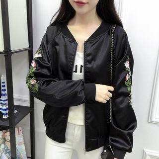 Flower Embroidered Satin Bomber Jacket