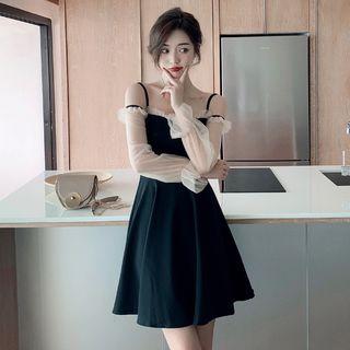 Off-shoulder Mesh Panel Long-sleeve A-line Mini Dress