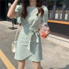 Tie-waist Gingham Short-sleeve Mini Dress