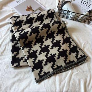 Houndstooth Fringed Scarf Black Houndstooth - Beige - One Size