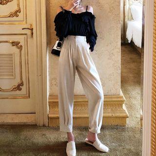 Set: Off Shoulder Short-sleeve Top + Crop Harem Pants