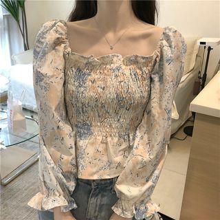 Off-shoulder Cropped Blouse Blue & Pink Floral - White - One Size