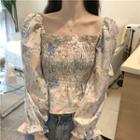 Off-shoulder Cropped Blouse Blue & Pink Floral - White - One Size