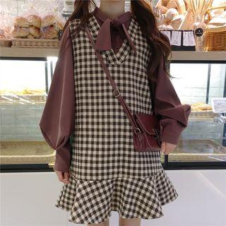Long-sleeve Tie-neck Blouse / Plaid A-line Pinafore Dress