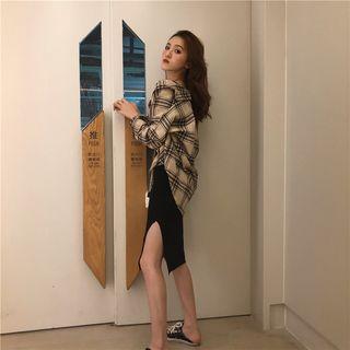 Plaid Shirt / Knitted Spaghetti Strap Dress