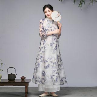 3/4-sleeve Floral Dress / Wide Leg Pants