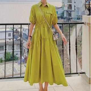 Short-sleeve Drawstring Midi A-line Shirtdress